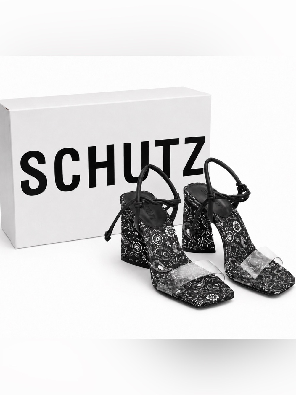 SCHUTZ Anthropologie Black Paisley Block Heel Sandals with Clear Toe Strap NIB
